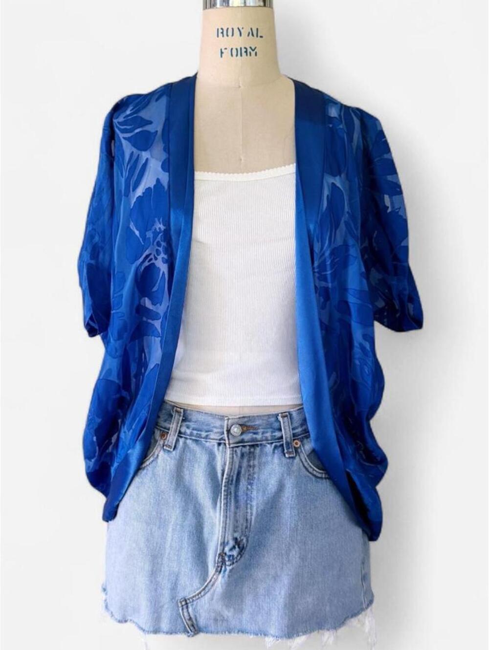 Vintage 90s Blue Burnout Velvet Devoré Floral Kimono Cardigan